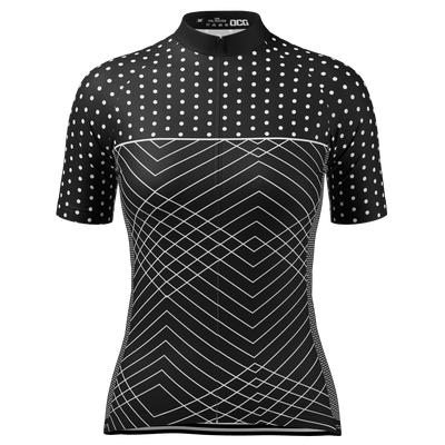 Women's White Polka Dots on Black Zigzag Short Sleeve Cycling Jersey