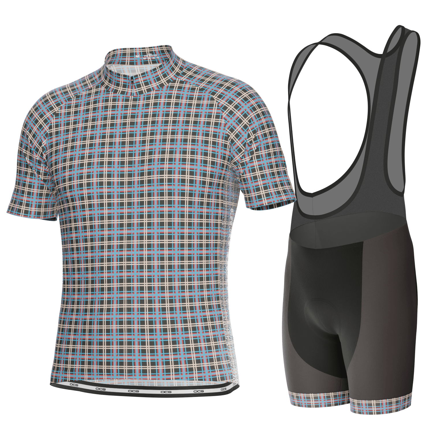 Men's Blue Plaid Checkered Short Sleeve Cycling Kit