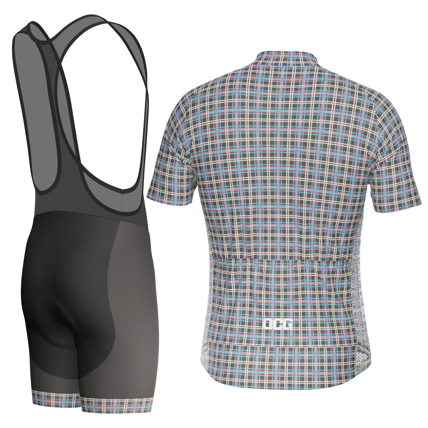 Men's Blue Plaid Checkered Short Sleeve Cycling Kit