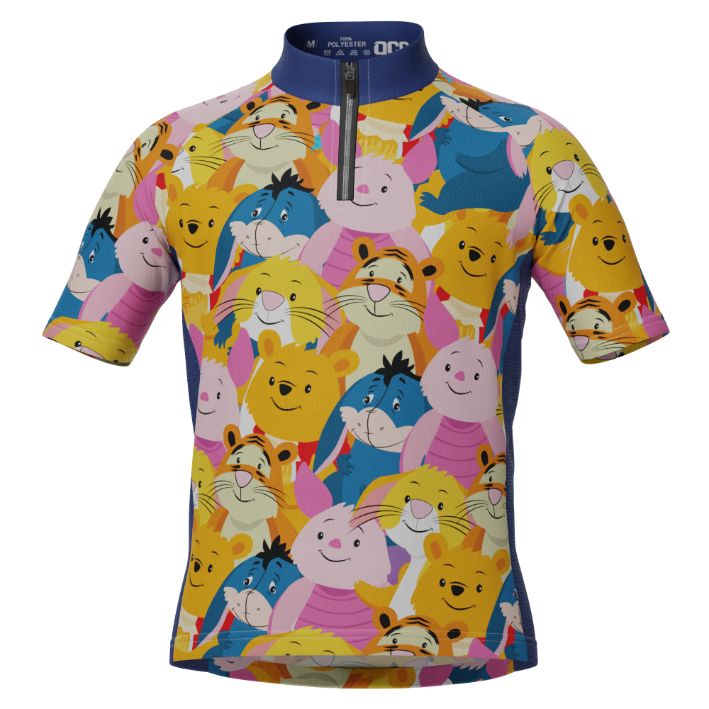 Kid's Winnie The Pooh Characters Mashup Short Sleeve Cycling Jersey