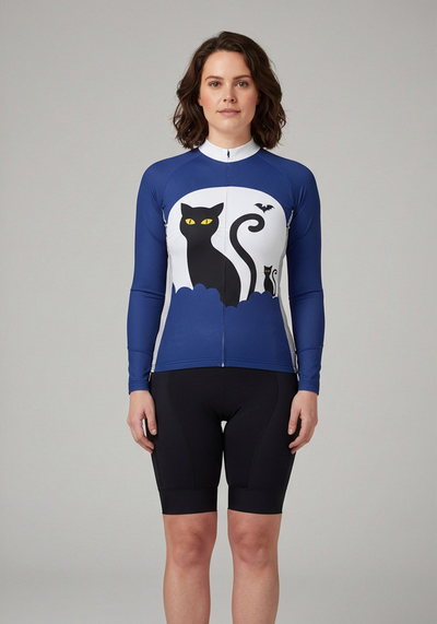 Women's Black Cat & Bat Long Sleeve Cycling Jersey