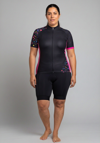 Women's Rainbow Polka Dots On Black Short Sleeve Cycling Jersey