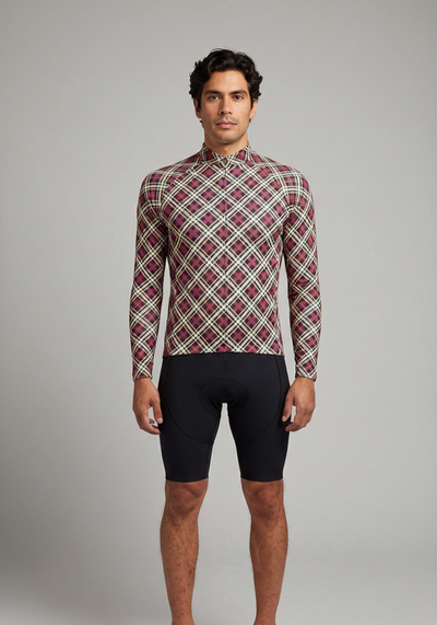 Men's Red Plaid Checkered Long Sleeve Cycling Jersey