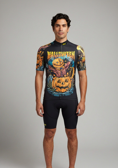 Men's Halloween Scarecrow Pumpkin Head Short Sleeve Cycling Jersey
