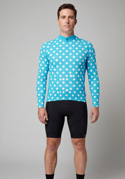 Men's High Viz White Polka Dots on Blue Long Sleeve Cycling Jersey
