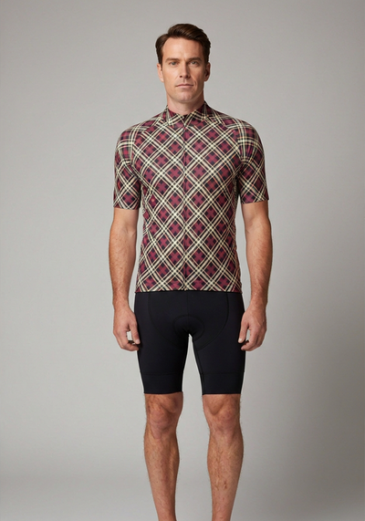Men's Red Plaid Checkered Short Sleeve Cycling Jersey