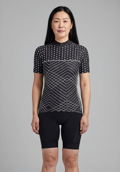Women's White Polka Dots on Black Zigzag Short Sleeve Cycling Jersey