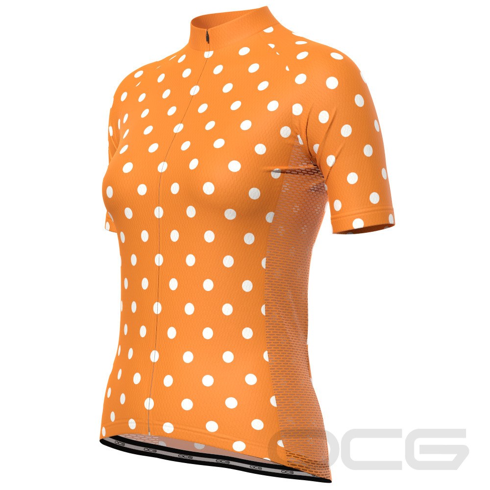 Women's High Viz White Polka Dots on Orange Short Sleeve Cycling Jersey