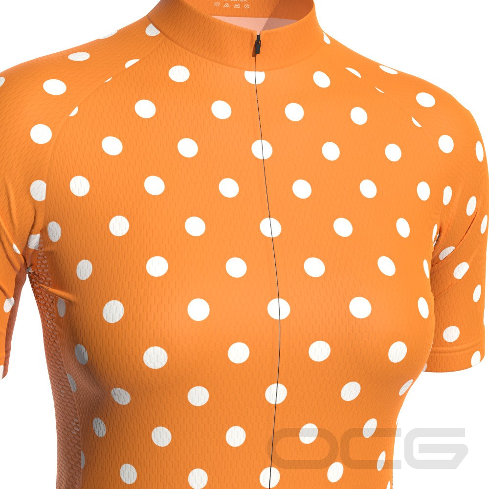 Women's High Viz White Polka Dots on Orange Short Sleeve Cycling Jersey