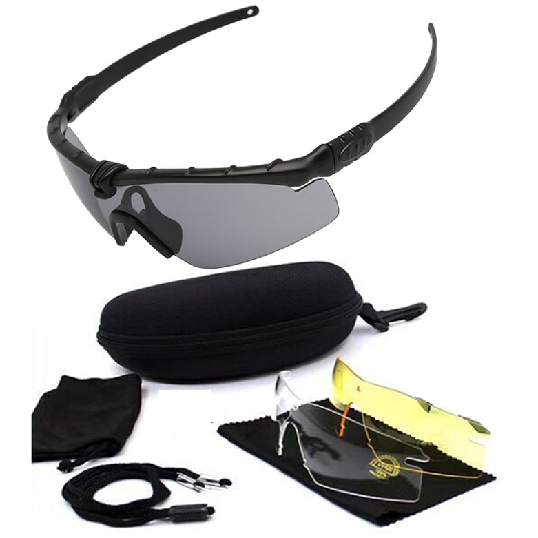 Sporty cycling sunglasses with 3 interchangeable color lenses & headband