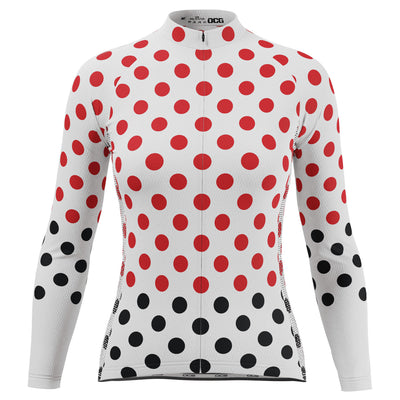 Women's Red Polka Dots on White Long Sleeve Cycling Jersey